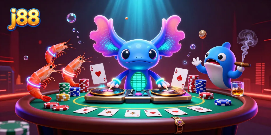 Experience the excitement of j88 with a lively casino scene featuring colorful characters and poker elements.