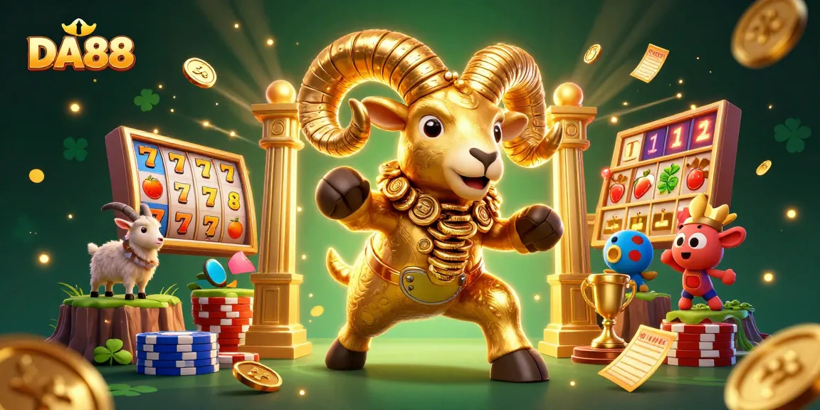 DA88 slots scene with a golden ram charging through jackpots and winning symbols.