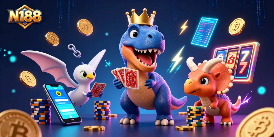 N188 features cartoon dinosaurs playing cards and stacking chips in a vibrant casino scene.