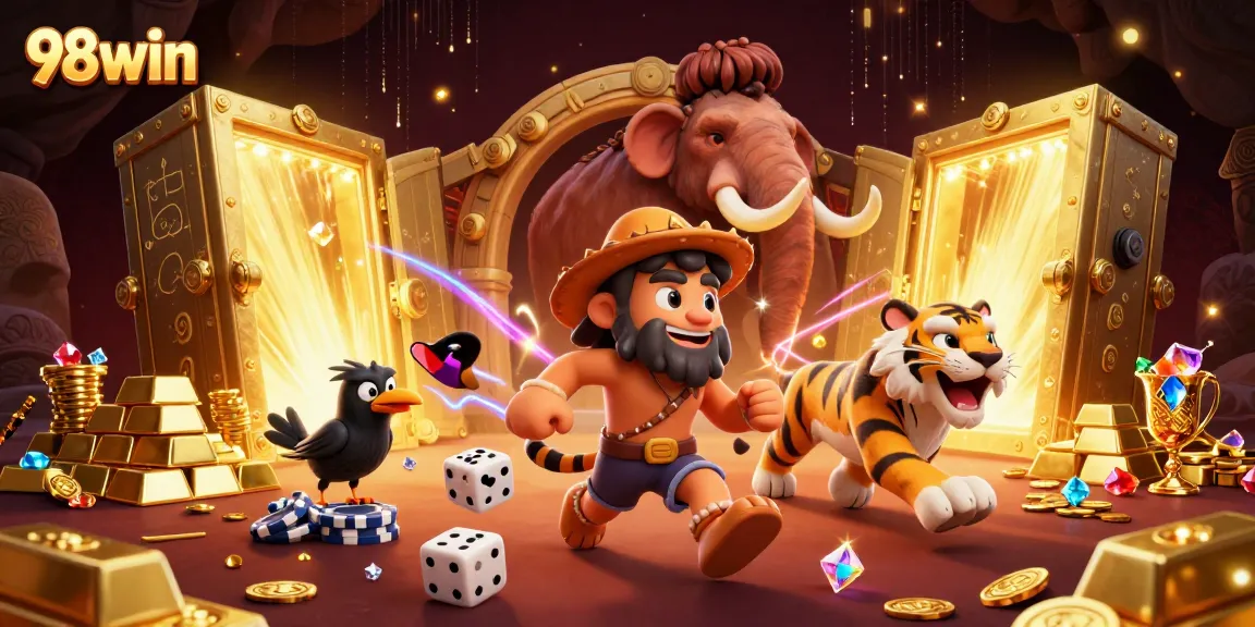 Experience the excitement of 98win with a dynamic prehistoric casino scene showcasing rich gambling ambiance.