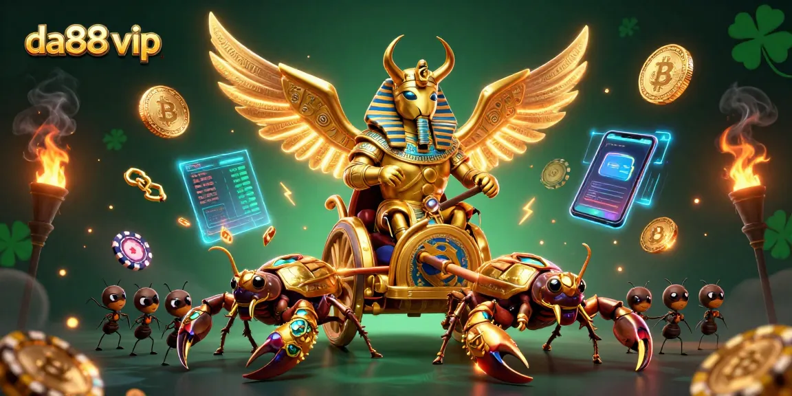 Engage with da88 vip for thrilling slots action, featuring dynamic chariot and golden scorpion characters.