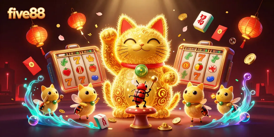Experience five88 casino magic with a vibrant lucky cat and dazzling slot symbols.