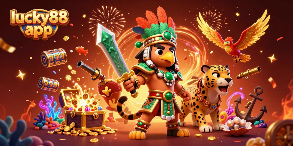 Engage with the lucky88 app's vibrant gaming themes through this dynamic 3D illustration.