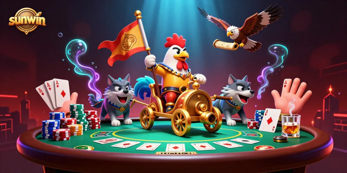 Play exciting poker games with sunwin: a dynamic 3D scene showcasing thrilling casino elements.
